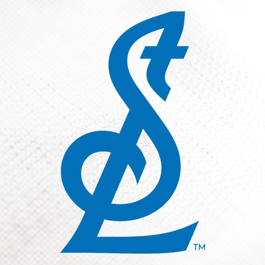 New St. Louis Blues logo featuring a stylized 'S' and 'L' intertwined in blue on a white background.