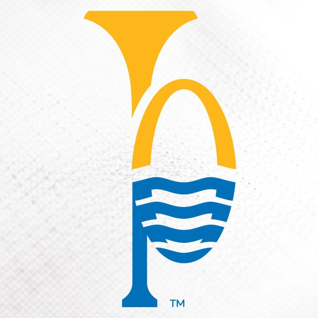 A stylized logo featuring a combination of a trumpet and the Gateway Arch, with blue wavy lines representing water, in a yellow and blue color scheme.