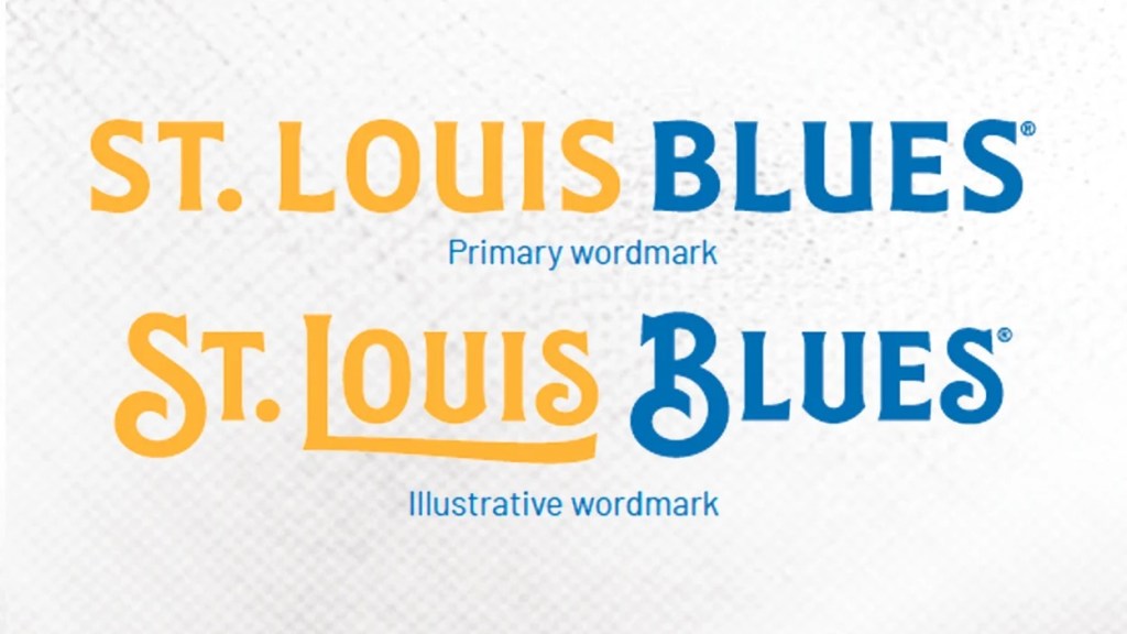 Image showing the primary and illustrative wordmarks for the St. Louis Blues, featuring blue and gold colors with a bold, stylized font.
