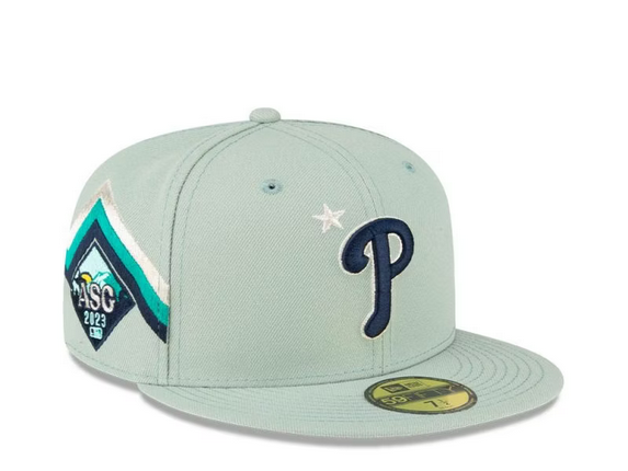 A light green baseball cap featuring a 'P' logo, decorative stitching, and an All-Star Game patch.
