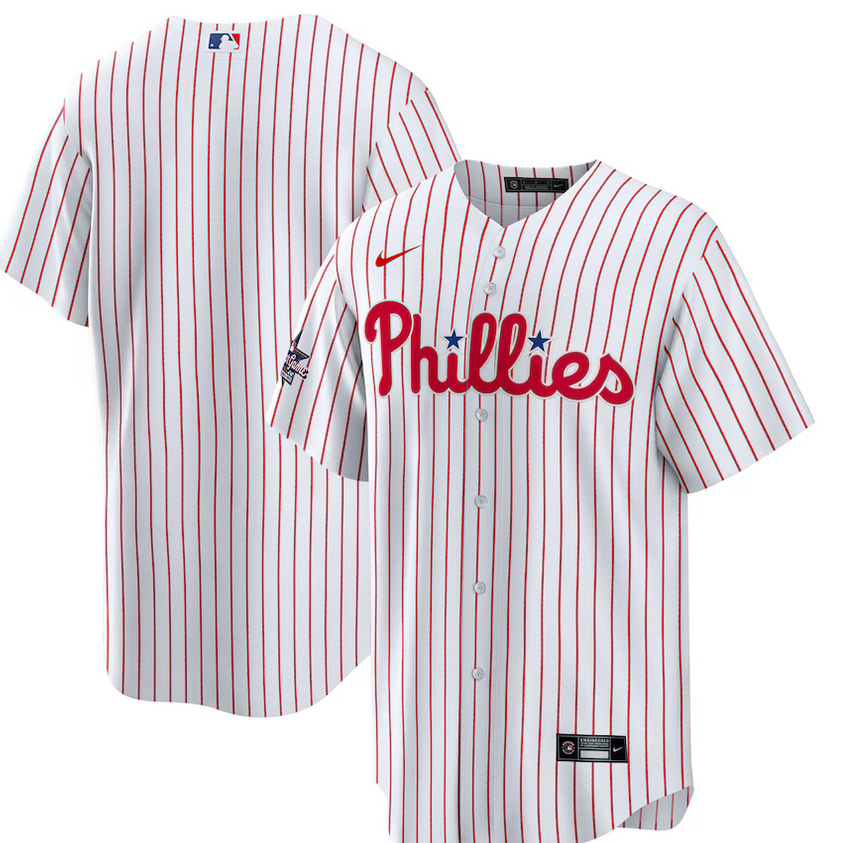Philadelphia Phillies home jersey featuring red and blue striping with 'Phillies' logo and stars.