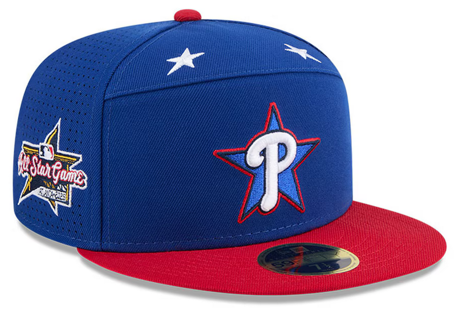 Philadelphia Phillies cap designed for the MLB All-Star Game, featuring a red brim and a blue crown with star patterns.