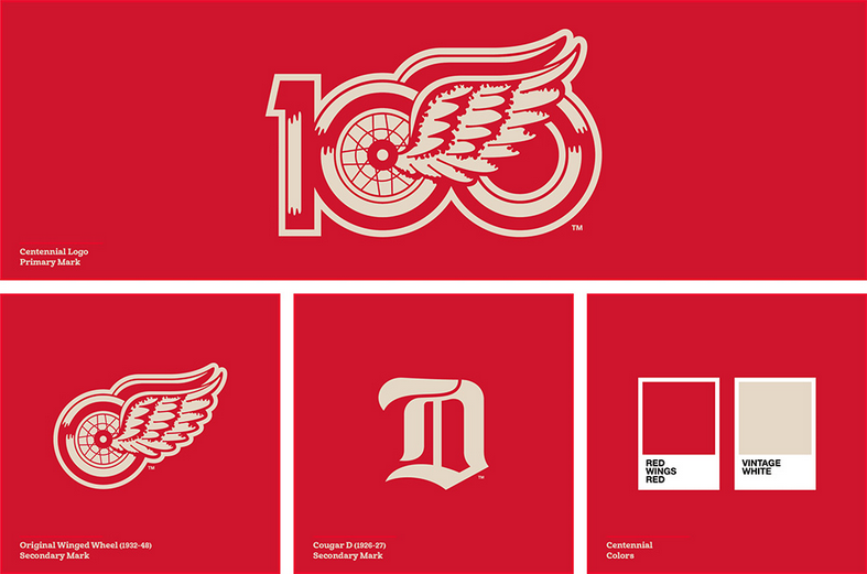 Visuals of the Detroit Red Wings' centennial logo and secondary marks, including the original winged wheel and the Cougar D, accompanied by the team's centennial colors.