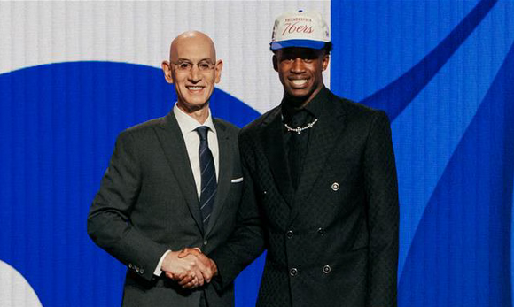 VJ Edgecombe and commissioner Adam Silver at the 2025 NBA Draft