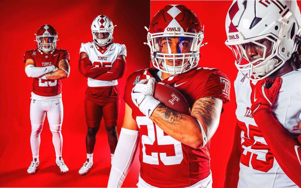 Temple Football players posing in new uniforms against a red background, featuring player 25 in a red jersey holding a football, flanked by teammates in both red and white uniforms.